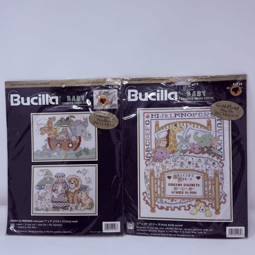 Lot 2 VTG Bucilla Counted Cross Stitch Kits Noah & Friends ABC Birth Record